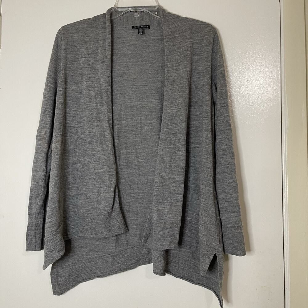 EILEEN FISHER gray merino wool open knit lightweight cardigan sweater Med READ